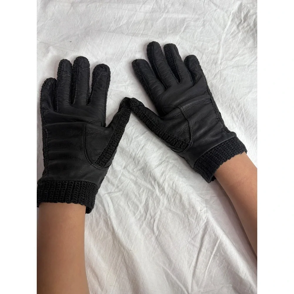 Vintage Black Leather Crochet Knit Gloves Womens Driving